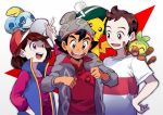  1girl 2boys ash_ketchum bangs baseball_cap beanie black_hair brown_eyes brown_hair buttons cable_knit cardigan commentary_request cosplay costume_switch dress gen_1_pokemon gen_8_pokemon gloria_(pokemon) grey_cardigan grey_headwear grookey hand_on_hip hat hatted_pokemon multiple_boys on_head open_cardigan open_clothes open_mouth pikachu pink_dress pokemon pokemon_(anime) pokemon_(creature) pokemon_(game) pokemon_on_head pokemon_swsh red_shirt saiko_aida_(pkmn_soda) shirt short_sleeves sleeveless sleeveless_jacket smile sobble starter_pokemon t-shirt teeth tongue victor_(pokemon) white_shirt 