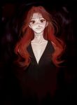  1girl absurdres black_dress blood closed_mouth collarbone commentary copyright_request dress english_commentary highres long_hair looking_at_viewer nosebleed oyabuli red_eyes red_hair smeared_blood solo stitched_neck v-neck 