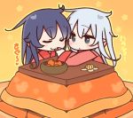  akatsuki_(kantai_collection) black_eyes black_hair blue_eyes blue_hair feeding food fruit hair_flaps hibiki_(kantai_collection) japanese_clothes kantai_collection kimono kotatsu mandarin_orange orange_peel table yoru_nai yukata 