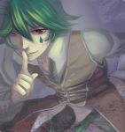  1boy alphoccio_basil bangs brown_jacket collarbone collared_shirt commentary_request cowboy_shot facial_tattoo finger_to_mouth green_hair green_pants hair_between_eyes hand_on_hip jacket leaning_forward long_sleeves looking_at_viewer male_focus minstrel_(ragnarok_online) pants parted_lips ragnarok_online red_eyes shirt short_hair simple_background sixc sleeveless sleeveless_jacket smile solo tattoo teardrop_tattoo watermark web_address white_background white_shirt wing_collar 
