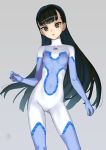  1girl :o black_hair blue_bodysuit blue_hair bodysuit breasts brown_eyes cameltoe colored_inner_hair contrapposto cowboy_shot eyebrows_visible_through_hair gradient_hair grey_background hand_up head_tilt highres kawakami_rokkaku long_hair looking_at_viewer multicolored_hair parted_lips sasa_kazamori signature simple_background small_breasts solo standing un-go very_long_hair 