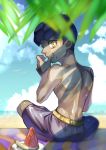  1boy beach_towel bird cloud commentary_request day fingernails food from_behind fruit hand_up highres hop_(pokemon) komame_(st_beans) looking_at_viewer looking_back male_focus male_swimwear outdoors plate pokemon pokemon_(game) pokemon_swsh shirtless short_hair sitting sky solo swim_trunks swimwear towel watermelon watermelon_seeds yellow_eyes 