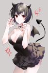  1girl bangs bare_arms bare_shoulders black_choker black_dress black_hair breasts choker claw_pose cleavage collarbone commentary_request cowboy_shot demon_horns demon_tail demon_wings dress grey_background hands_up highres horns leaning_forward looking_at_viewer medium_breasts nail_polish original red_eyes red_nails short_hair smile solo strapless strapless_dress tail wings yuhi_(hssh_6) 