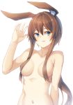  1girl absurdres amiya_(arknights) animal_ears arknights bangs blue_eyes blush breasts brown_hair bunny_ears commentary_request eyebrows_visible_through_hair hair_between_eyes hair_censor hand_up highres hude-pen long_hair looking_at_viewer medium_breasts navel nude parted_lips sidelocks simple_background solo stomach upper_body very_long_hair white_background 