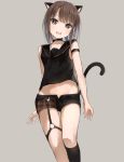  1girl animal_ear_fluff animal_ears bangs bare_shoulders black_legwear black_sailor_collar black_shirt black_shorts blush brown_eyes brown_hair brown_shorts cat_ears cat_girl cat_tail crop_top eyebrows_visible_through_hair feet_out_of_frame groin highres kneehighs midriff navel open_clothes open_fly open_mouth open_shorts original plaid plaid_shorts sailor_collar sakazakinchan shirt short_shorts shorts single_kneehigh sleeveless sleeveless_shirt solo tail tail_raised upper_teeth 