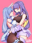  2girls animal_ears artist_name blonde_hair blue_hair breasts bunny_ears bunny_tail colored_inner_hair faceless faceless_female highres hololive hololive_indonesia hug large_breasts long_hair moona_hoshinova multicolored_hair multiple_girls open_mouth pafutora pink_background purple_hair skindentation tail thick_thighs thighs usada_pekora virtual_youtuber yuri 