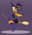  2019 antelope anthro bovid broom_riding clothing disney female fur gazelle gazelle_(zootopia) halloween_costume hat headgear headwear hi_res looking_at_viewer mammal mew-me open_mouth open_smile purple_background simple_background smile solo witch_hat yellow_body yellow_fur zootopia 