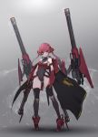  1girl bayonet breasts cape collar commentary_request covered_navel dual_wielding eyepatch firearm gun hair_ribbon heart high_heels highres holding hololive houshou_marine leotard long_hair mecha_musume medium_breasts oota_youjo red_eyes red_footwear red_hair red_ribbon ribbon rifle smile smoke solo twintails virtual_youtuber weapon 