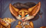  anthro bodily_fluids canid canine clothing eltaile fan_character fangs female fog food forest fox halloween hat headgear headwear hi_res holidays magic_user mammal open_mouth pizza pizza_slice saliva solo tongue tongue_out tree witch witch_hat 