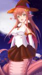  1girl :d blush breasts collarbone dated elbow_gloves fang full_moon fur_trim gloves hair_between_eyes hair_ornament hairclip halloween halloween_costume highres long_hair miia_(monster_musume) monster_girl monster_musume_no_iru_nichijou moon open_mouth pointy_ears red_hair scales sidelocks skirt smile solo tail witch witch_costume yellow_eyes z_-_chcrghan 