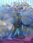  2020 3:4 anthro belly blue_body blue_fur blush bulge canid canine canis clothing daich domestic_dog eyes_closed fur group hi_res kemono male male_focus mammal moobs nipples overweight overweight_male underwear ursid white_body white_fur 