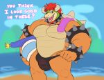  anthro armband ball beach beach_ball beach_umbrella bowser bracelet clothing collar facial_hair hair hi_res horn jewelry koopa male mario_bros monochromepup musclegut muscular muscular_anthro muscular_male nintendo red_hair scalie seaside shell solo speedo spiked_armband spiked_bracelet spiked_collar spiked_shell spikes spikes_(anatomy) spiky_hair swimwear teeth text video_games 