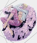  1boy abs absurdres bare_chest blonde_hair bossa chest donquixote_doflamingo feather_boa full_body highres leaning_back long_sleeves male_focus muscle one_piece open_clothes open_shirt pants pink_pants short_hair shorts smile string sunglasses 