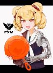  1girl animal_ears arknights bear_ears black_shirt blonde_hair candy_hair_ornament food_themed_hair_ornament frying_pan gummy_(arknights) hair_ornament hairclip highres holding holding_frying_pan mechanical_arm neckerchief nmk-01 open_mouth prosthesis prosthetic_arm red_eyes red_nails sailor_collar shirt short_hair sleeveless sleeveless_shirt smile solo upper_body white_neckwear white_sailor_collar 