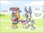  4:3 anthro book buckteeth bugs_bunny carrot carrying cheek_tuft clothed clothing dialogue digital_media_(artwork) duo eyewear facial_tuft female flower food fur glasses gloves grey_body grey_fur hair handwear head_tuft lagomorph leporid lola_bunny looney_tunes male mammal nerd open_mouth pink_nose plant rabbit retainer shahirahlikesmilk speech_bubble teeth tuft vegetable warner_brothers whiskers young 