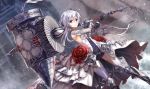  1girl armored_boots asymmetrical_bangs bangs blood bloody_clothes boots breasts commentary_request dated dress elbow_gloves flower gauntlets gloves grey_eyes hammer highres huge_weapon looking_at_viewer medium_breasts over_shoulder rose showgirl_skirt sinoalice snow_white_(sinoalice) solo teketeke thighhighs weapon weapon_over_shoulder white_dress white_hair 