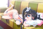  aqua_eyes ass black_hair couch dress dungeon_ni_deai_wo_motomeru_no_wa_machigatteiru_darou_ka harukaze_soyogu hestia_(danmachi) long_hair panty_pull skirt_lift twintails wet 