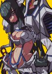  1girl absurdres bakuzan black_hair blue_eyes breasts cleavage closed_mouth eyes_visible_through_hair groin highres holding holding_sword holding_weapon huge_filesize junketsu kamui_(kill_la_kill) katana kill_la_kill kiryuuin_satsuki long_hair medium_breasts navel scissor_blade simple_background solo sword thighhighs very_long_hair weapon yaya_hiyayaka 