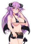  1girl ;p adult_neptune alternate_breast_size alternate_costume bare_shoulders black_bra blush bra breasts cowboy_shot demon_horns demon_tail dura hair_between_eyes halloween halloween_costume hand_on_own_cheek highres horns huge_breasts lifted_by_self long_hair looking_at_viewer miniskirt naughty_face navel neptune_(series) one_eye_closed panties purple_eyes purple_hair revealing_clothes shin_jigen_game_neptune_vii skirt skirt_lift solo striped striped_panties tail tongue tongue_out underwear very_long_hair 