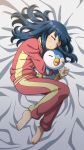  1girl bangs barefoot bed_sheet closed_eyes commentary dawn_(pokemon) eyebrows_visible_through_hair eyelashes gen_4_pokemon highres holding holding_pokemon long_hair long_sleeves lying on_side pajamas pants parted_lips piplup pokemon pokemon_(anime) pokemon_(creature) pokemon_dppt_(anime) sleeping suitenan toes 