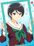  1girl bangs black_hair blue_eyes brown_shirt character_request closed_mouth collarbone collared_shirt dai_suke_judo_bjj frown green_neckwear hair_between_eyes hibike!_euphonium highres kitauji_high_school_uniform long_sleeves looking_at_viewer neckerchief sailor_collar sailor_shirt school_uniform shiny shiny_hair shirt short_hair solo upper_body white_sailor_collar 