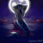  1:1 2020 abs ageaus anthro athletic athletic_anthro athletic_male bare_chest belt blue_hair canid canine canis digital_media_(artwork) full_moon fur grey_body grey_fur hair hands_behind_head jewelry light looking_at_viewer maku_(masterofwolves99) male mammal marine merfolk moon moonlight navel necklace night outside partially_submerged pecs rock seductive smile solo water wolf 