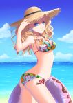  1girl arm_up armpits bangs beach bikini black_ribbon blonde_hair blue_eyes blue_sky blurry blurry_background breasts cleavage closed_mouth cloud collarbone cowboy_shot day earrings floral_print from_side hat hat_ribbon highres hitohada_mahiko innertube jewelry long_hair looking_at_viewer medium_breasts ocean outdoors persona persona_5 print_bikini ribbon side-tie_bikini sideboob sky solo standing straw_hat summer sun_hat swept_bangs swimsuit takamaki_anne twintails twisted_torso yellow_headwear 