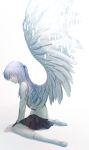  1girl angel_beats! angel_wings black_skirt closed_eyes feathered_wings from_side full_body hair_ornament highres jacket kneehighs leaning_forward long_hair long_sleeves miniskirt pleated_skirt profile silver_hair simple_background sitting skirt solo tenshi_(angel_beats!) wariza white_background white_jacket white_legwear white_wings wings zuzuhashi 