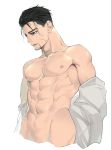  1boy abs bare_chest black_eyes black_hair closed_mouth cropped_legs facial_hair facial_scar goatee golden_kamuy groin hair_strand isa_(peien516) long_sleeves male_focus navel nipples ogata_hyakunosuke open_clothes open_shirt scar scar_on_cheek short_hair simple_background solo undressing upper_body white_background 