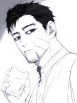  1boy bandaid bandaid_on_face black_eyes black_hair closed_mouth facial_hair facial_scar glass goatee golden_kamuy greyscale hair_strand isa_(peien516) long_sleeves looking_at_viewer male_focus monochrome ogata_hyakunosuke scar scar_on_cheek shirt short_hair simple_background sketch solo upper_body water white_shirt 