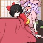  2girls bat_wings blue_hair blush covering_mouth dress fingernails hakurei_reimu hat implied_fingering kameyan kotatsu light_purple_hair long_fingernails mob_cap multiple_girls open_mouth pink_dress puffy_short_sleeves puffy_sleeves red_eyes remilia_scarlet ribbon short_hair short_sleeves table touhou translation_request wings 