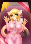  2020 5_fingers anthro big_breasts blonde_hair breasts cougar dannyckoo dipstick_tail ear_piercing eyelashes felid feline female fingers hair hi_res ladnelsiya looking_at_viewer mammal multicolored_tail piercing pink_nose rhoda ring smile solo tan_body 