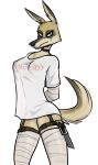  anthro box_cutter breasts canid canine clothed clothing eyeshadow female green_eyes hands_behind_back hi_res improvised_weapon keadonger looking_at_viewer makeup mammal melee_weapon shirt smile solo t-shirt teeth tight_clothing topwear weapon wrappings 