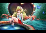  1girl ahoge blonde_hair blue_butterfly blue_hair bug butterfly duel_monster flower foot_bath gradient_hair hair_flower hair_ornament highres insect lazupeace long_hair looking_at_viewer midriff multicolored_hair plant red_hair red_skirt skirt solo traptrix_nepenthes venus_flytrap water yu-gi-oh! 