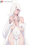  ahoge angel arm_tattoo bare_shoulders blush breasts chest_tattoo covered_navel cowboy_shot dress groin hair_over_one_eye looking_at_viewer medium_breasts nanoless no_panties original patreon_username purple_eyes strapless strapless_dress tattoo thigh_gap white_hair 