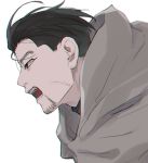  1boy black_eyes black_hair cloak close-up face facial_hair facial_scar from_side goatee golden_kamuy hair_strand isa_(peien516) male_focus ogata_hyakunosuke open_mouth scar scar_on_cheek short_hair simple_background solo upper_body 