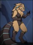  anthro beaver big_feet big_tail blue_eyes breasts brown_body brown_fur brown_nose buckteeth dauntless feet female fur gnasher gnasher_(dauntless) hair humanoid mammal rodent simple_background solo spiky_hair tagme talons teeth verona7881 verona_(artist) 