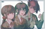  1girl 2boys :&lt; ahoge bangs black_hair brown_hair brown_jacket camera closed_mouth collared_shirt commentary_request danganronpa fang grin hair_between_eyes hair_ornament hair_scrunchie hairclip highres jacket long_hair long_sleeves looking_at_viewer low_twintails mole mole_under_eye multiple_boys neck_ribbon new_danganronpa_v3 open_mouth purple_eyes purple_hair red_neckwear red_ribbon red_scrunchie ribbon school_uniform scrunchie shirt short_hair smile sweatdrop thumbs_up twintails upper_teeth v-shaped_eyebrows visket53 w white_shirt 