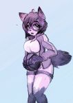 absurd_res anthro ball basketball_(ball) bottomwear brand_new_animal canid canine clothing female fluffy fluffy_tail garbagegarage hi_res jacket mammal michiru_kagemori open_mouth raccoon_dog restricted_palette shorts simple_background solo studio_trigger tanuki topwear 