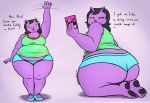  belly big_butt black_hair bottomwear breasts butt catty_(undertale) clothing deltarune domestic_cat english_text felid feline felis female fur hair hi_res hotpants long_hair mammal overweight overweight_female oystercatcher7 purple_body purple_fur shorts solo text thick_thighs undertale video_games 