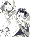  1boy black_eyes black_hair chibi chibi_inset closed_mouth expressionless facial_hair facial_scar goatee golden_kamuy good hair_strand isa_(peien516) long_sleeves looking_at_viewer male_focus multiple_views ogata_hyakunosuke scar scar_on_cheek shirt short_hair simple_background smile upper_body 