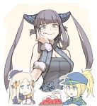  3girls abigail_williams_(fate/grand_order) ahoge artoria_pendragon_(all) bangs bare_shoulders baseball_cap black_bow black_dress black_headwear blonde_hair blue_eyes blue_headwear blue_jacket blunt_bangs blush bow breasts china_dress chinese_clothes cleavage cropped_jacket detached_sleeves dress eating fate/grand_order fate_(series) forehead hair_ornament hair_through_headwear hat jacket kan_(aaaaari35) large_breasts leaf_hair_ornament licking_lips long_hair looking_at_viewer lychee multiple_bows multiple_girls mysterious_heroine_xx_(foreigner) open_mouth orange_bow parted_bangs ponytail purple_hair ringed_eyes shrug_(clothing) sidelocks smile tongue tongue_out twintails very_long_hair yang_guifei_(fate/grand_order) 
