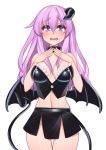  1girl alternate_costume bare_shoulders black_skirt breasts cleavage cowboy_shot crop_top demon_horns demon_tail dura embarrassed groin hair_between_eyes halloween halloween_costume hands_on_own_chest highleg highleg_panties highres horns large_breasts long_hair looking_at_viewer midriff navel nepgear neptune_(series) no_bra open_mouth panties purple_eyes purple_hair side_slit simple_background single_horn skirt solo strapless tail tears tubetop underwear white_background white_panties 