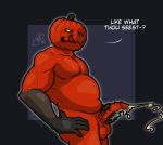  anthro bodily_fluids cerdeorhys cum food fruit genital_fluids genitals glowing glowing_eyes hi_res humanoid licking licking_lips male masturbation muscular nipples orange_body penis plant presenting pumpkin pumpkin_head slightly_chubby solo tongue tongue_out yellow_eyes 