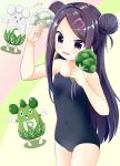  1girl arm_up bare_arms blue_swimsuit blush broccoli buck_teeth commentary_request covered_navel cowboy_shot double_bun food gloves hair_ornament heart heart_hair_ornament highres holding holding_food holding_vegetable inakami leaf long_hair multicolored multicolored_background ochikobore_fruit_tart one-piece_swimsuit open_mouth purple_eyes purple_hair school_swimsuit sekino_roko shiny shiny_hair signature standing swimsuit vegetable very_long_hair wavy_mouth whiskers white_gloves 