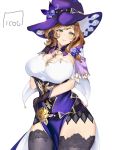  1girl belt black_legwear breasts brown_hair cleavage curvy genshin_impact green_eyes hand_on_own_face hat icoo jewelry large_breasts lisa_(genshin_impact) long_hair looking_at_viewer necklace solo thick_thighs thighhighs thighs wide_hips witch_hat 