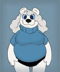  2019 animated anthro belly_tuft big_breasts blue_eyes blue_sclera bottomless breasts clothed clothing denaturedalbumin featureless_breasts female fur hair mammal navel polar_bear short_playtime simple_background slightly_chubby solo standing tuft undressing ursid ursine white_body white_fur white_hair 