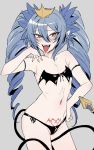  1girl :d arm_strap bare_shoulders bikini black_bikini blue_hair blush bra contrapposto copyright_request cowboy_shot crown demon_girl demon_tail drill_hair fangs flat_chest gradient_hair grey_background hair_ornament hand_on_hip hand_up highres little_mare long_hair looking_at_viewer multicolored_hair navel open_mouth orange_eyes pointy_ears pubic_tattoo side-tie_bikini simple_background skindentation smile solo standing strapless strapless_bra succubus swimsuit tail tattoo tongue tongue_out twin_drills twintails underwear 