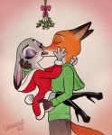  2017 anthro anthro_on_anthro blush canid canine carrying clothed clothing disney dubstepina duo eyes_closed female flat_chested fox fully_clothed hi_res judy_hopps kissing lagomorph leporid male male/female mammal mistletoe nick_wilde plant rabbit red_fox signature simple_background standing zootopia 