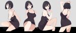  1girl arm_up black_dress black_hair breasts cleavage cropped_legs dress feet_out_of_frame from_behind large_breasts mikoto_akemi multiple_views original parted_lips short_hair sitting smile strap_gap strap_slip 
